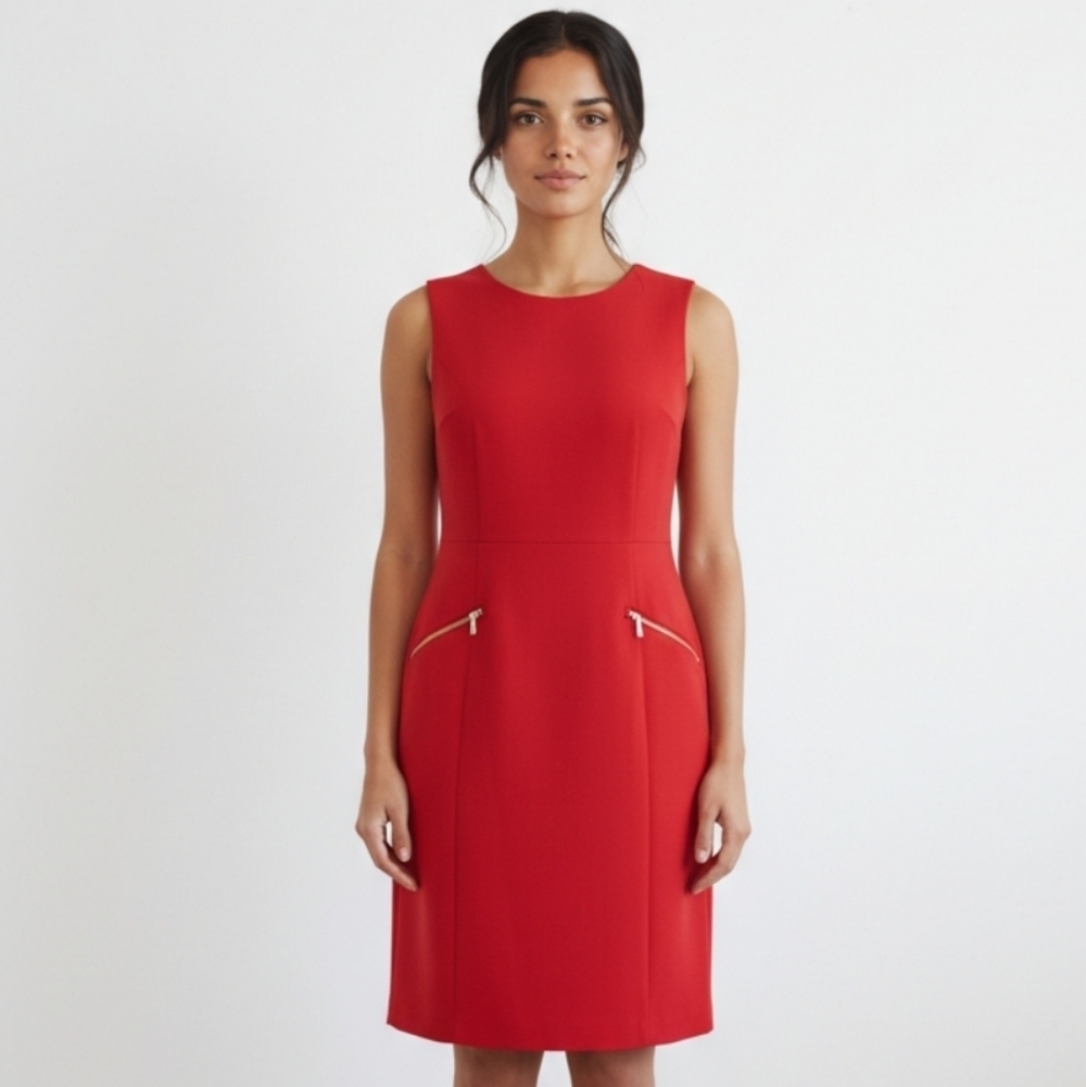 Tommy Hilfiger Red Sheath Midi Dress Sleeveless Crew Neck